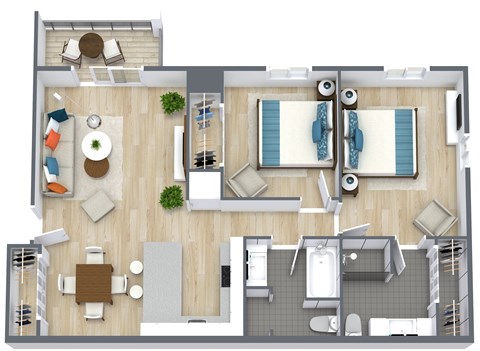 Floor plan for 2 beds, 2 baths, 960 sqft